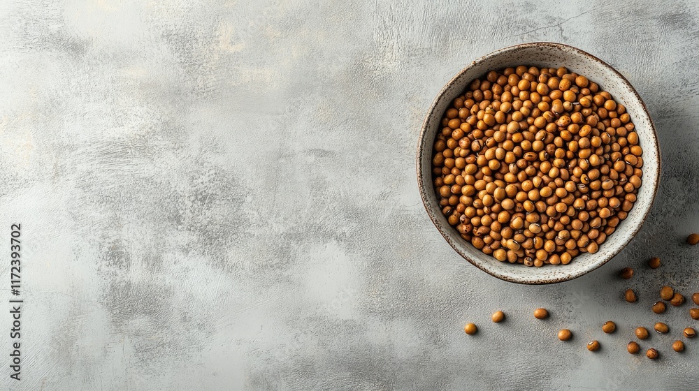 Poster ceramic bowl filled with golden beans on light grey concrete backdrop creating a minimalistic and ru