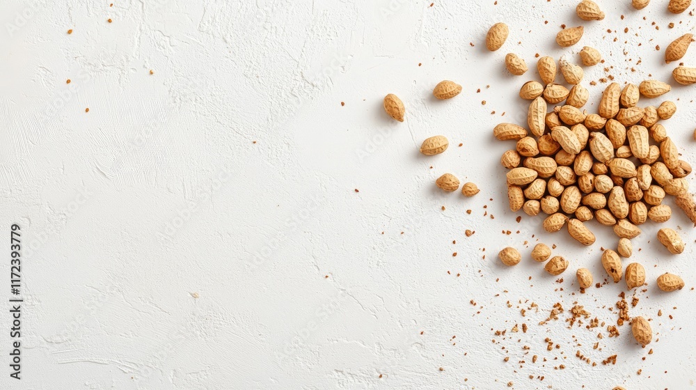 Poster overhead flat lay of organic raw peanuts scattered on a textured light surface for culinary and heal