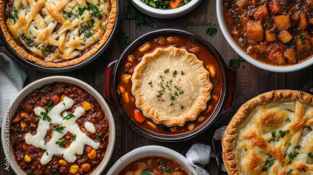 Poster Overhead view of assorted hearty stews and casseroles with a pie crust centerpiece on a rustic wooden table