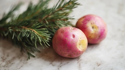 Fresh pink fir apple potatoes with natural blemishes alongside a sprig of evergreen on a marble surface.