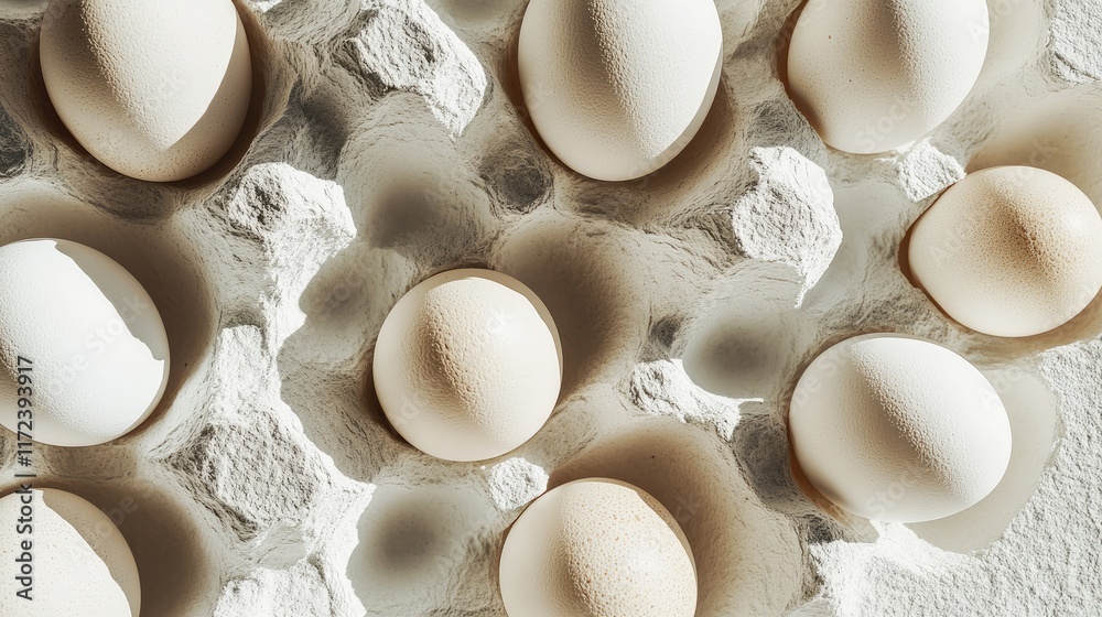 Aufkleber Overhead view of assorted eggs in a carton on textured surface natural light shadows