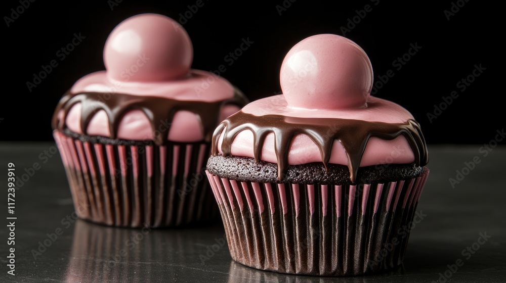 Poster pink cupcakes with chocolate drizzle topped with a glossy pink chocolate ball creating an elegant de
