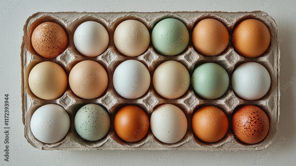 Poster Overhead view of assorted colorful eggs arranged in a paper carton on a neutral background showcasing vibrant hues and natural textures