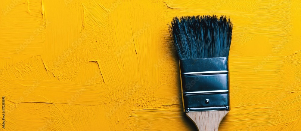 Poster paint brush on vibrant yellow surface symbolizing creativity and artistic expression in a colorful a