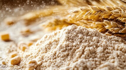 Close up of fresh flour with wheat stalks in the background ideal for baking cooking and healthy breakfast recipes macro food still life
