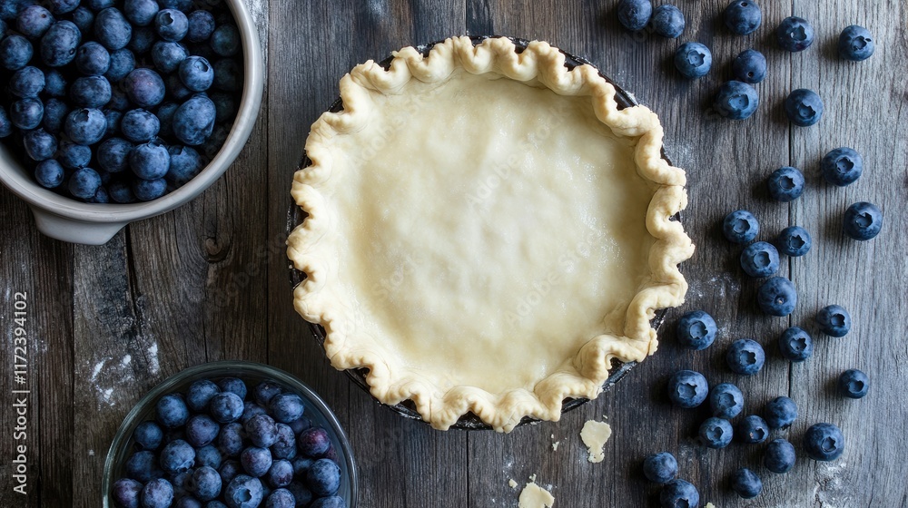 Poster overhead view of unbaked pie crust surrounded by fresh blueberries on a rustic wooden table