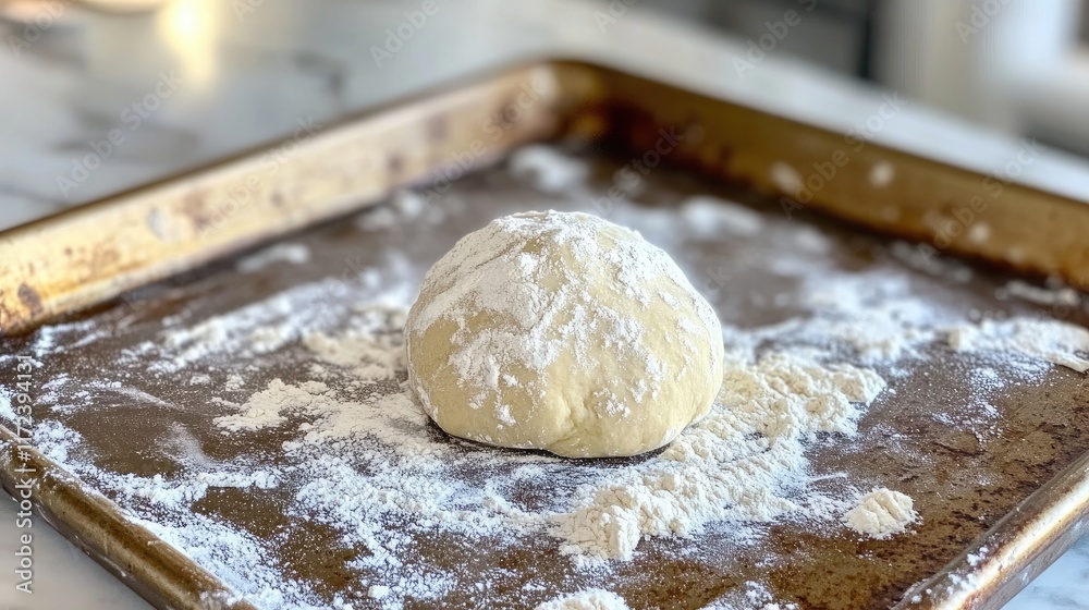 Poster overhead view of a flour-dusted dough ball resting on a baking sheet in a home kitchen setting