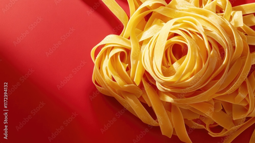 Aufkleber overhead view of fresh fettuccine pasta elegantly arranged on a vibrant red surface showcasing culin