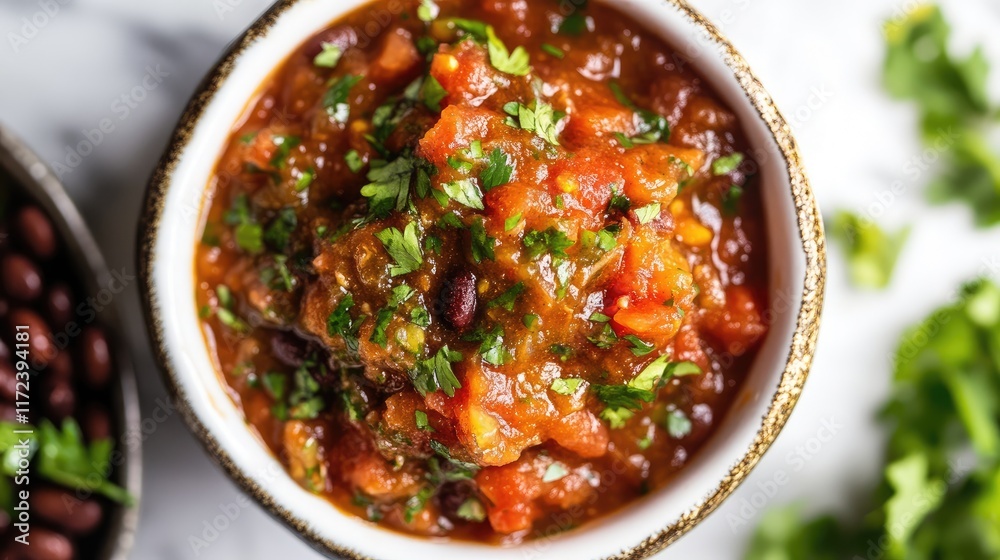Aufkleber overhead view of fresh tomato salsa with black beans garnished with herbs in a rustic bowl on a marb