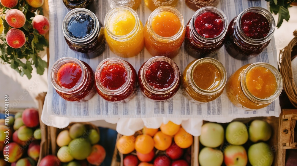 Poster overhead view of colorful preserve jars arranged on a striped tea towel with fresh fruits in a sunny