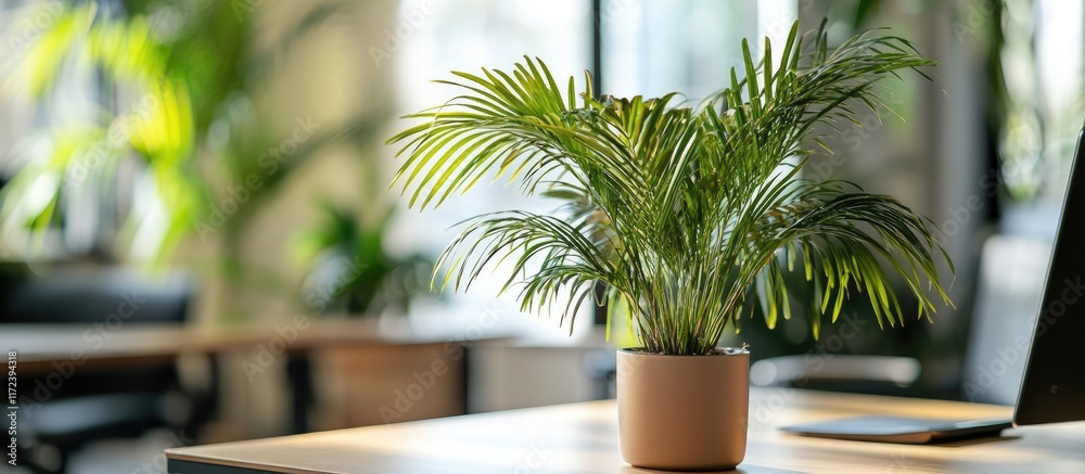 Poster Palm plants enhancing a modern workspace with greenery and elegance creating a calming atmosphere for improved decor and productivity.