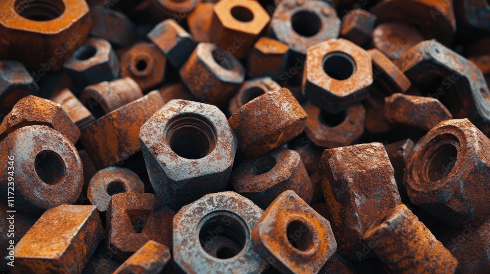 Aufkleber closeup of oxidized rusty metal nuts and bolts showcasing textures and decay in a cluttered composit
