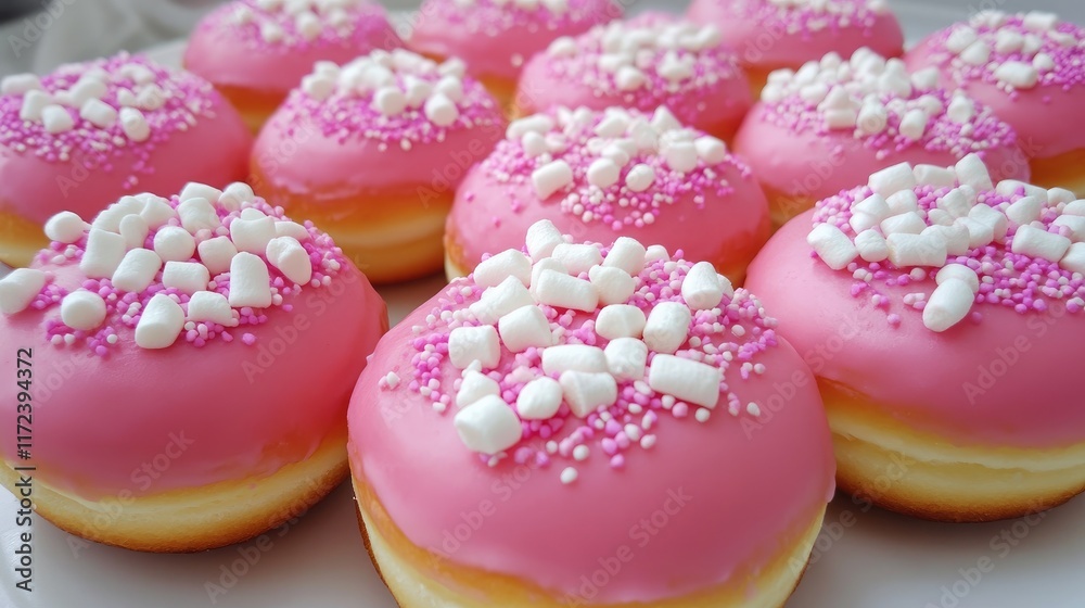 Poster delicious pink donuts topped with marshmallow bits and colorful sprinkles on a white plate ready to 