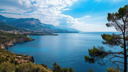 Tranquil coastal landscape with azure sea under a bright sky showcasing natural beauty and serene holiday vibes