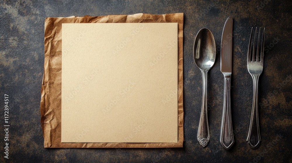 Poster overhead view of empty menu board with vintage cutlery on textured background suitable for restauran