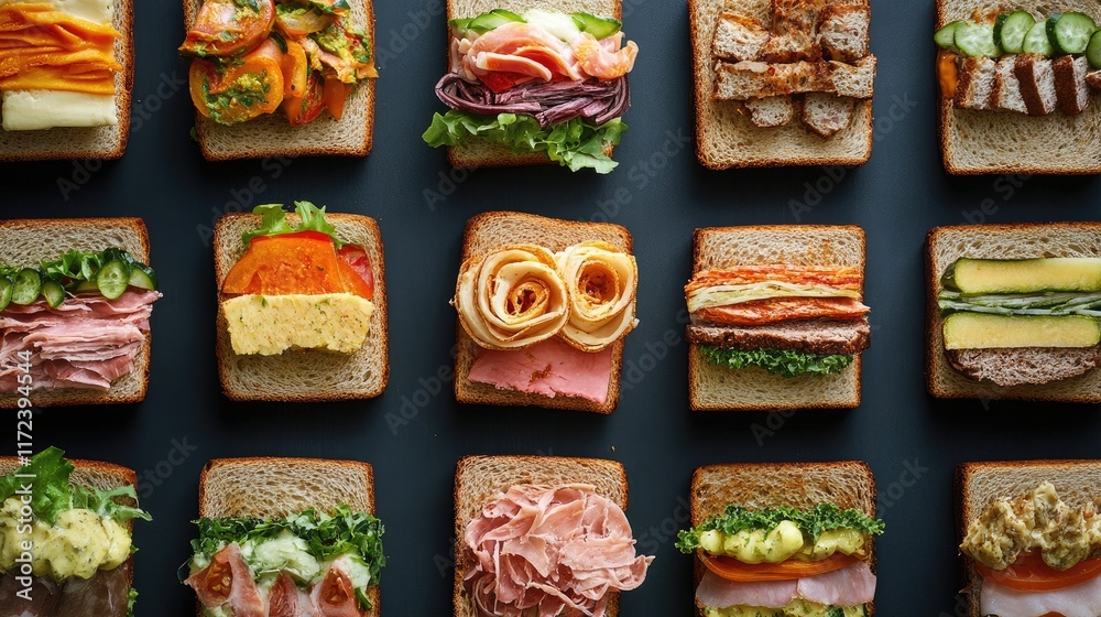 Poster diverse assortment of gourmet sandwiches arranged neatly on a dark surface showcasing vibrant ingred