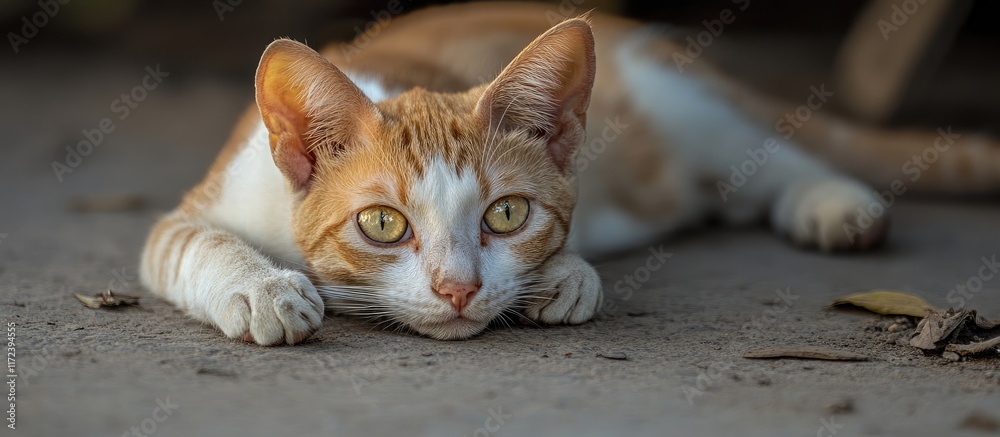 Poster close up portrait of a red and white cat resting on the ground highlighting its expressive eyes and 
