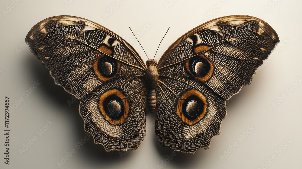 Poster owl butterfly displaying intricate patterns and vibrant colors against a neutral background showcasi
