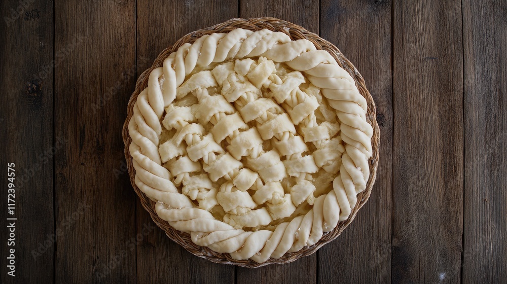 Poster Lattice topped pie with braided crust displayed on rustic wooden table in overhead view