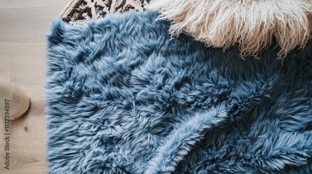 Aufkleber cozy overhead view of a plush blue blanket draped over a textured rug on a wooden floor setting