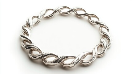 Obraz premium Elegant silver bracelet with unique intertwined design displayed on a minimalist white background for jewelry promotion and marketing.
