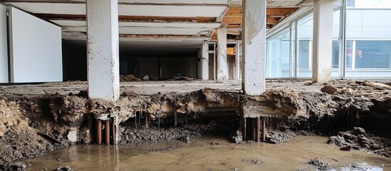 Crumbling cement foundation reveals construction damage from water exposure and soil instability during building inspection and renovation process