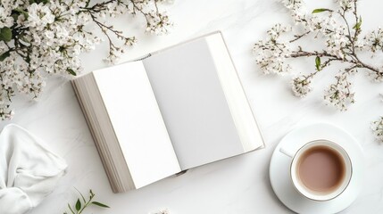 Open book mockup with blank pages surrounded by flowers and a cup of tea on a light background top view composition