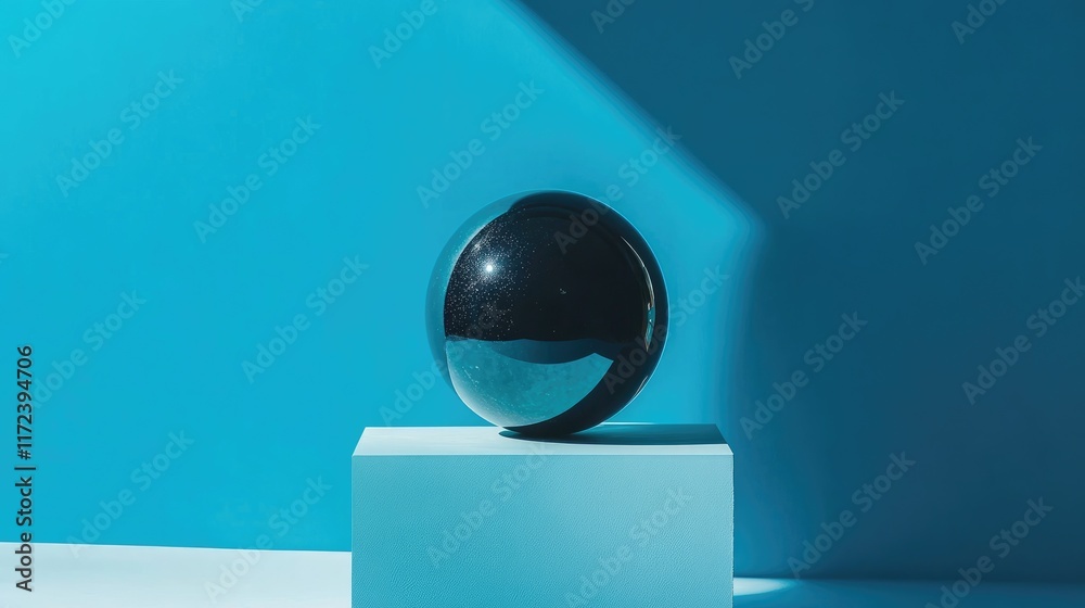 Poster studio shot of a black disco ball on a vibrant blue background with dramatic light and shadow ideal 