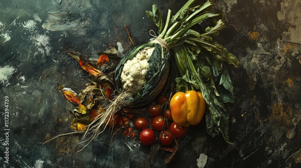 Poster colorful fresh vegetables arranged on a rustic table in an overhead view showcasing organic produce 