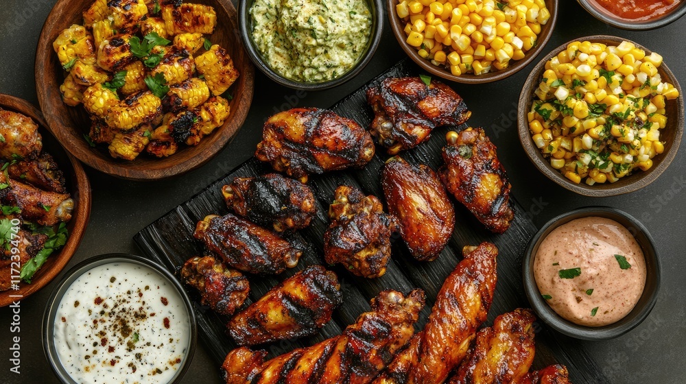 Poster Grilled chicken wings served with sweet corn and various dips on a rustic table setting