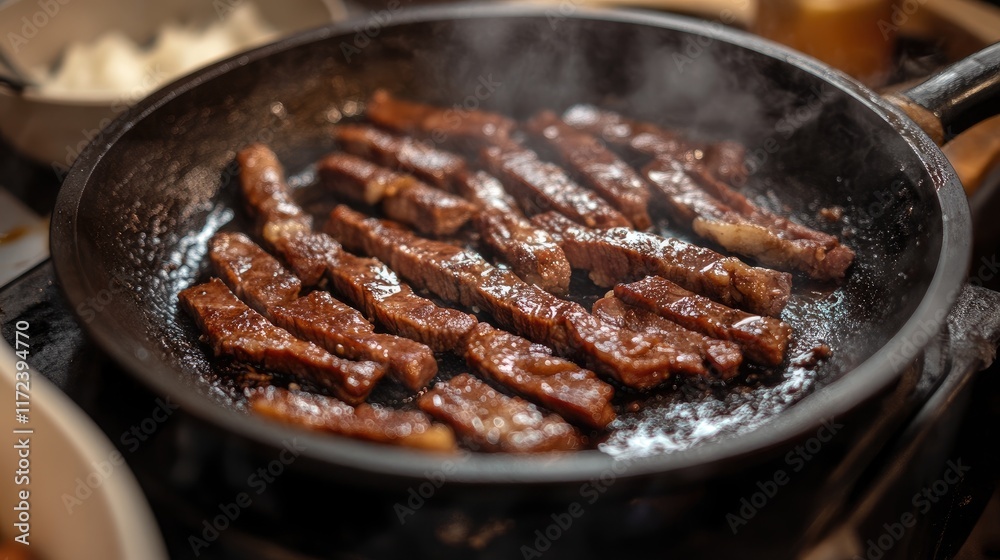 Poster overhead view of sizzling meat strips in a pan showcasing traditional ragout cooking method with ste