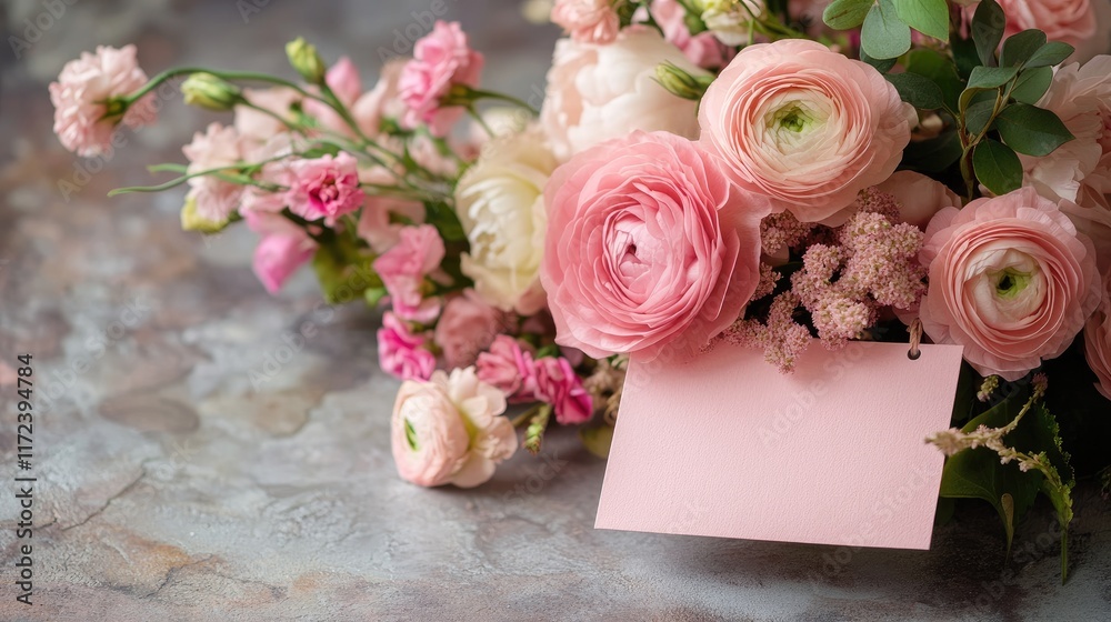 Poster elegant pink floral bouquet with a blank tag on a textured background ideal for card design or stati