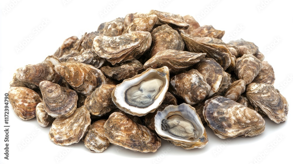 Poster assorted fresh oysters piled on a white background showcasing their unique shells and textures perfe
