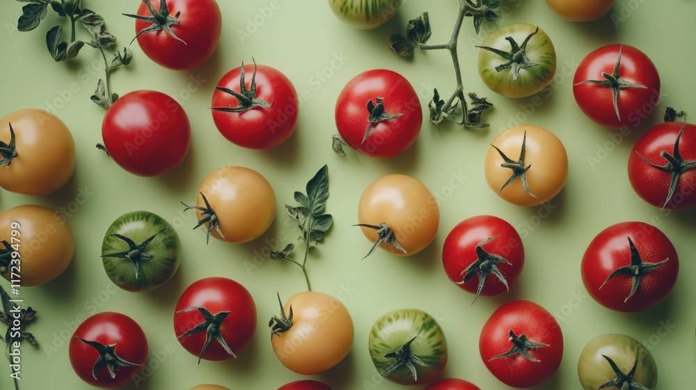 Aufkleber Overhead view of a colorful assortment of ripe tomatoes arranged on a green background showcasing freshness and diversity in produce.