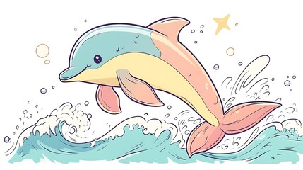 Obraz premium A joyful dolphin leaping from a pastel-colored wave, gentle pastel highlights, clean white background, minimalist hand-drawn style, kawaii-inspired, hd rendering, smooth and vibrant details.