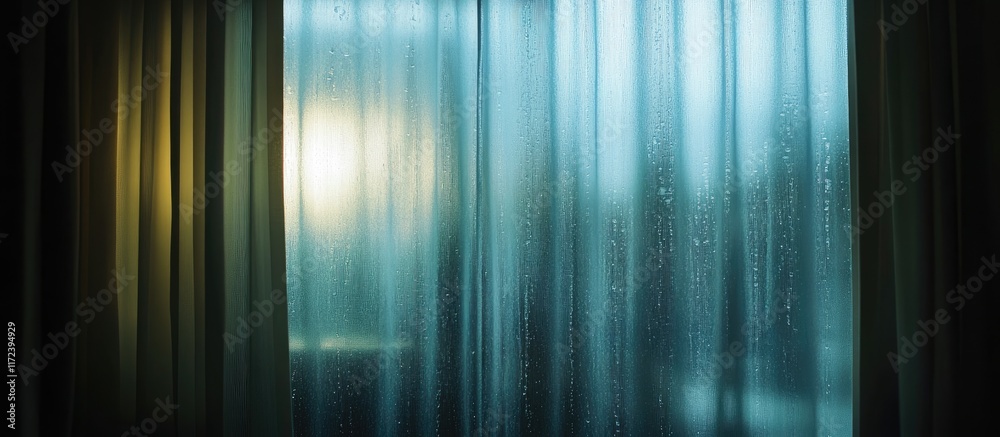 Poster Illuminated glass of fresh water on a table with soft light streaming through sheer curtains in a darkened room creating a calm ambiance