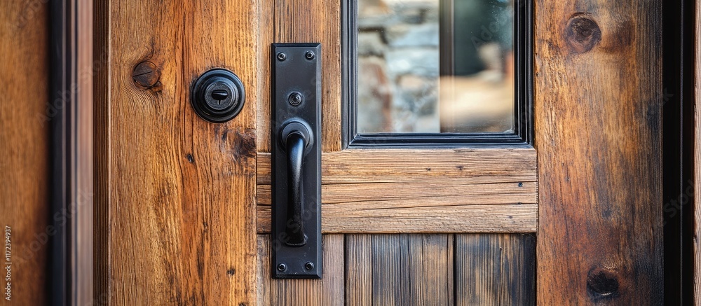 Poster close up of an intricate rustic wooden front door with a glass panel and stylish black doorknob emph