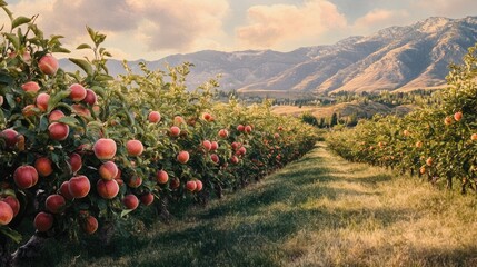 Nectarine orchard in Similkameen Valley with mountains and cloudy sky creating a serene landscape view of ripe fruit trees and golden grass.