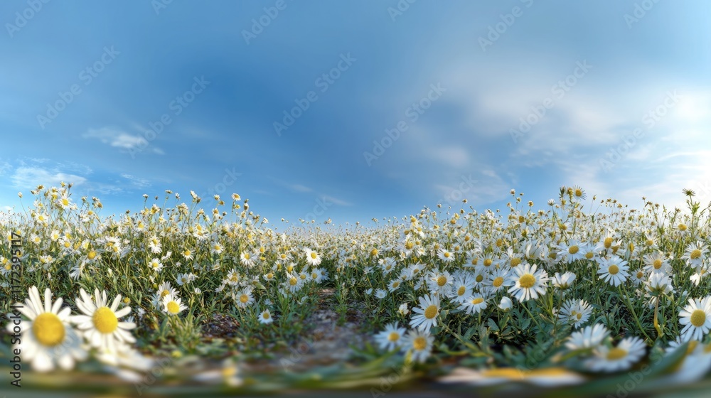 Poster 360 degree panorama of chamomile field with blurred sky and nature sounds invoking harmony and seren