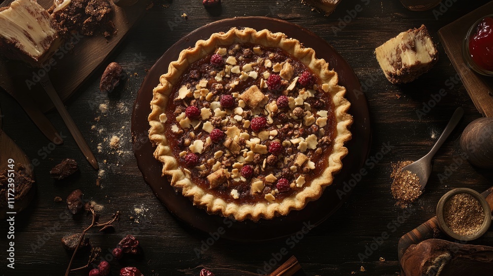 Poster overhead view of a beautifully arranged pie surrounded by rustic ingredients and decorations on a da