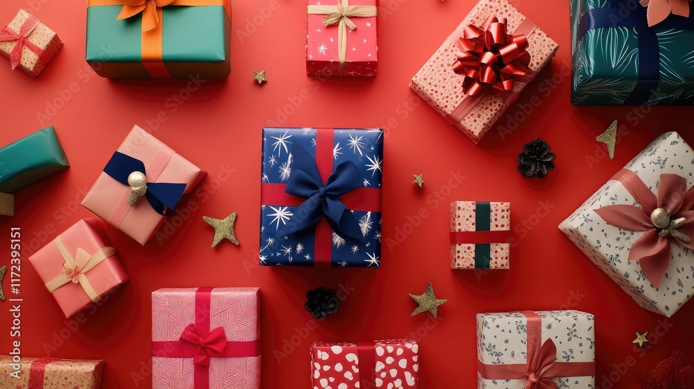 Poster colorful array of beautifully wrapped gifts and presents arranged on a vibrant red background with d