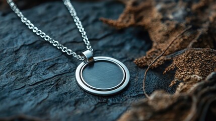Stainless Steel Women's Necklace with Round Pendant on Natural Background
