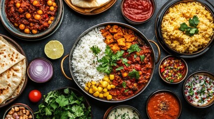 Overhead view of an assortment of traditional dishes featuring rice, curries, and fresh herbs on a dark textured background