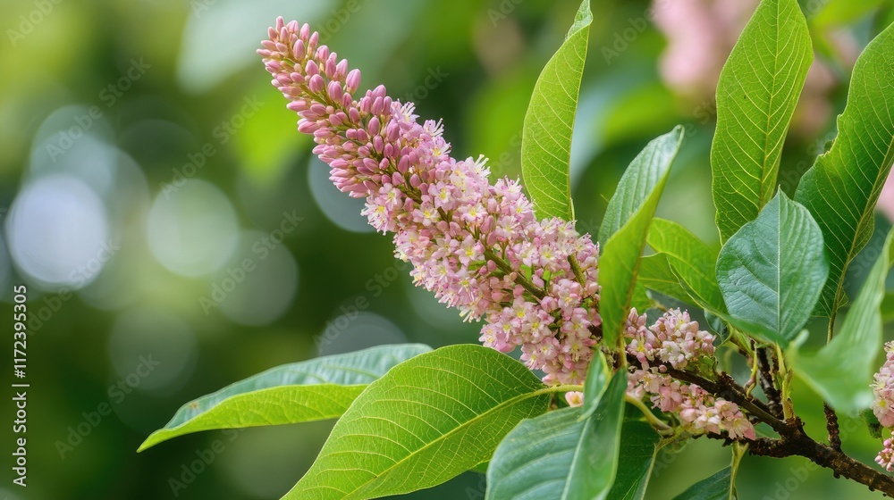 Poster pink flower cluster with vibrant green leaves on tree branch in a blurred bokeh background creating 