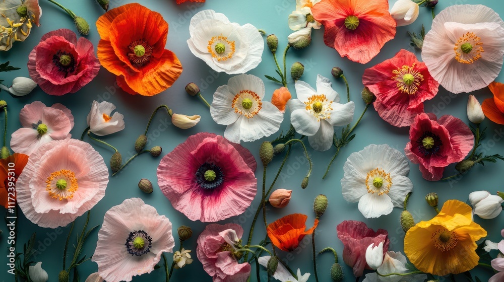 Poster overhead view of vibrant poppy flowers and buds on blue background ideal for showcasing products in 