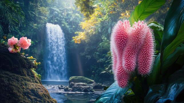 Vibrant pink cockcomb flower in lush nature setting with waterfall and tropical foliage creating a serene and picturesque environment