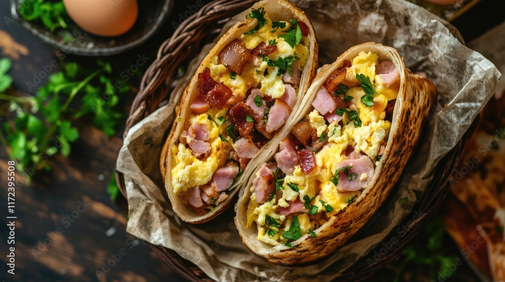 Poster delicious overhead view of a loaded breakfast burrito with ham eggs cheese and bacon served in a rus