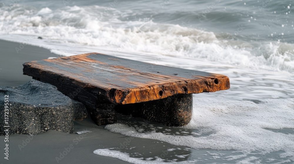 Poster rustic oxidized wood table on sandy beach with gentle waves creating a serene coastal atmosphere and