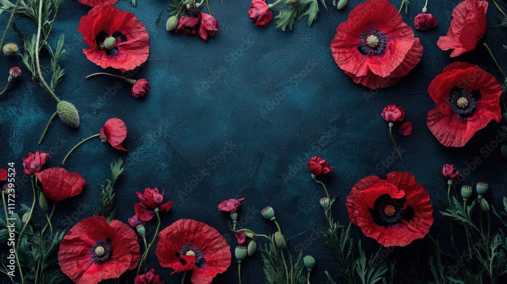 Aufkleber overhead view of vibrant red poppy flowers and buds on a dark background ideal for product placement