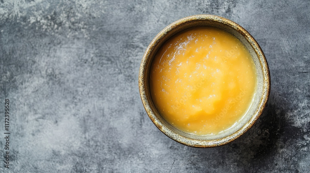 Poster Overhead shot of a rustic bowl filled with creamy applesauce on a textured gray background ideal for food related content.